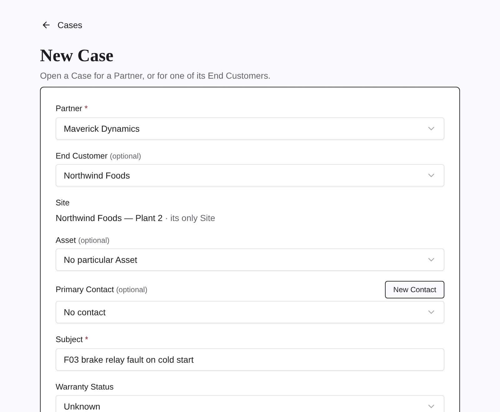 IQ+ Concierge New Case form opened from the chat link, with End Customer Northwind Foods, Site Northwind Foods — Plant 2 and Subject F03 brake relay fault on cold start already filled in.