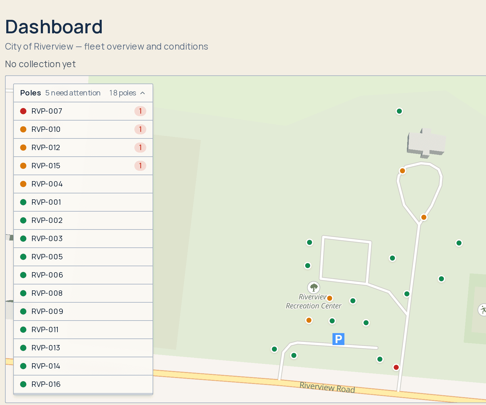 IQ+ Sentinel dashboard for a demo city fleet. A map shows 18 light poles as colored dots, and a pole list beside it sorts the one critical pole and four poles needing attention to the top.